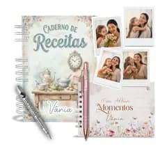 Kit Presente Personalizado - Caderno de Receita - Mini Albúm Canetas - Polaroide Saco Presente Mães