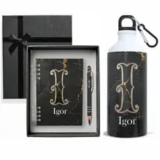 Kit Presente Caderneta Personalizada + Caneta com Nome - Garrafa - Caixa - Agenda - Homem - Brinde