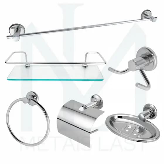 Kit Banheiro Completo Luxo 5 Peças Inox + 1 Porta Shampoo Vidro 6mm 10x30cm Cromado