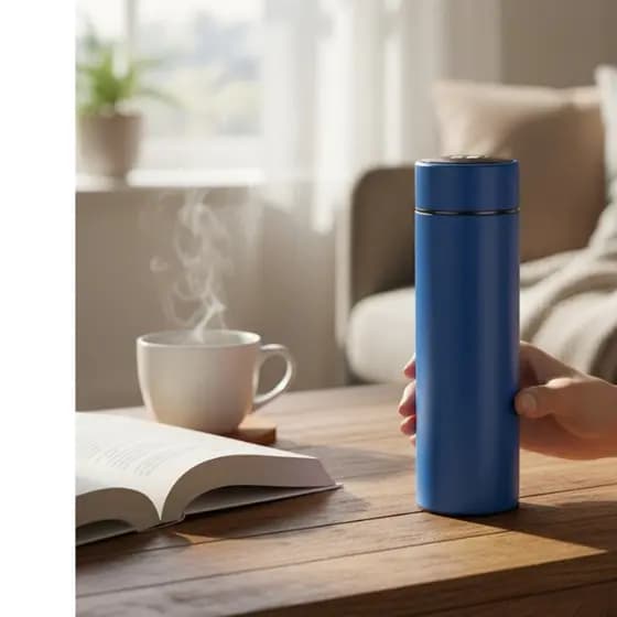 AZUL - Garrafa Térmica Inox 500ml com LED e Termômetro Digital