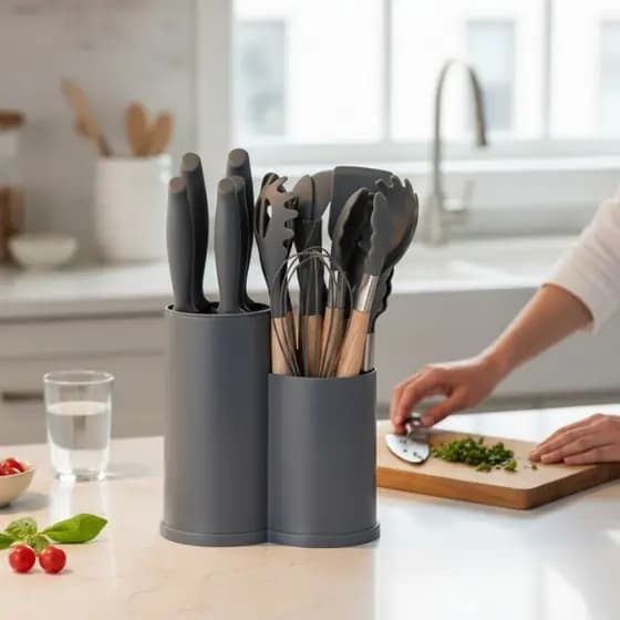 CINZA - Conjunto de Utensílios de Cozinha Completo 19 Peças com Suporte