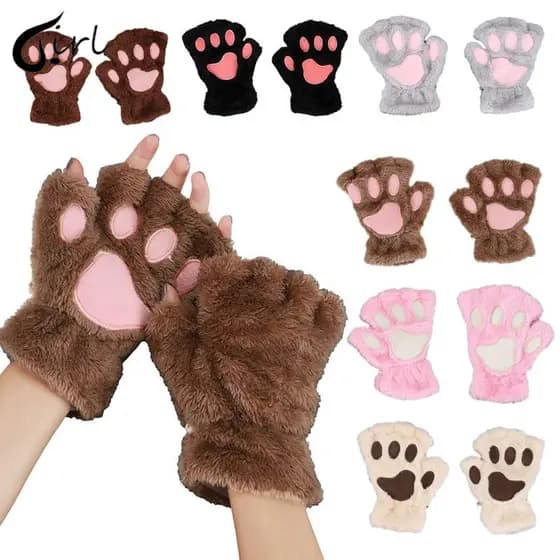 Um Par De Luvas Femininas De Pelúcia Com Garra De Urso Macio E Meio Dedo Luvas De Pata De Gato