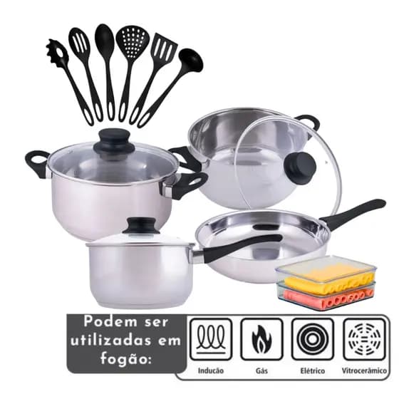 Jogo de Panelas Aço Inox 11 Peças Fundo Triplo Indução Gás Porta Frios Utensílios de Cozinha