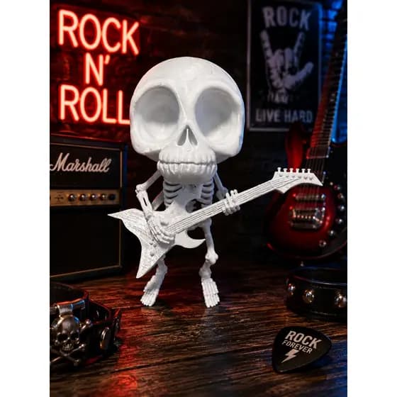 Esqueleto Rockeiro Decorativo 18cm | Caveira Tocando Guitarra | Boneco Rock and Roll | Decoração Geek Gamer