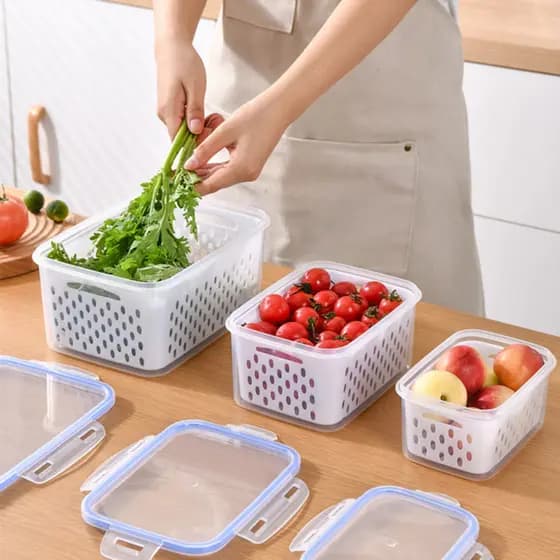 Organizador com 3 potes Herméticos De Geladeira para frutas, alimentos inclui Cesto tampa
