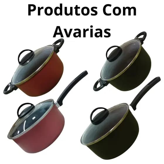 Panelas Com Pequenas Avarias de Arroz e Feijão com Tampa de Vidro Antiaderente Vermelho e Preto