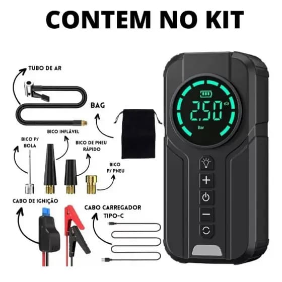 Compressor de ar portátil digital 7500mAh, infla pneus rápido com power bank e lanterna LED