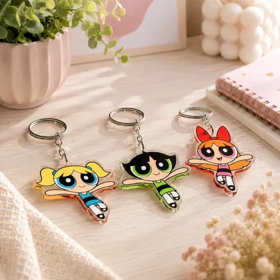 Kit 3 Chaveiros Acrílico Meninas Superpoderosas Colorido Lembrancinha Festa Personagens Com Argola Metal