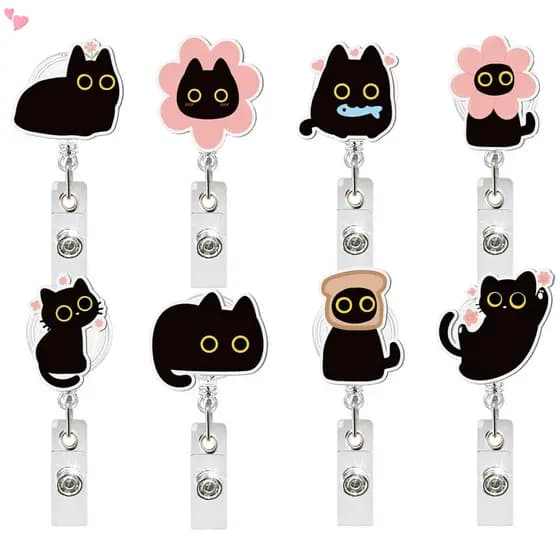 Carretel De Crachá De Gato Preto Com Miçangas Porta-Crachás lD Retráteis De Gatinho Fofo De Desenho Animado Clipe De Jac