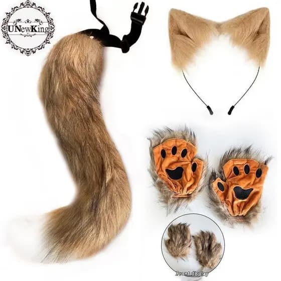 UNewKing 1/3 Pçs Orelhas De Cauda De Raposa Bonito Luvas De Pata Conjunto De Pelúcia Cosplay Animação Exposição Festa De