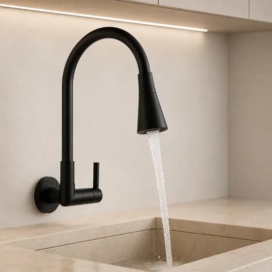 Torneira de Cozinha Flexível Preto Fosco de Parede – Design Moderno Luxuoso e Resistente para Lavatório 1424