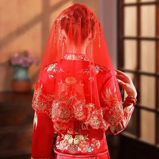 Véu De Noiva Vermelho Bordado Dourado , Vestidos De Casamento Chineses De Renda De Gaze , Elegante E Antigo Xiuhe