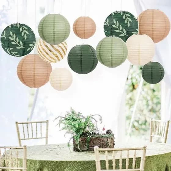 Lanternas Suspensas 1 , De Papel Japonesas Chinesas Marrom Verde Sálvia Decoração Redondas