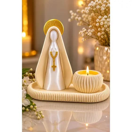 Kit Nossa Senhora Aparecida Decorativo com Bandeja e Porta-Vela