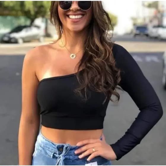 Cropped Nula Manga Ombro Só Croped Feminino Cropeed Preto Liso Manga Longa Mula Manca Look Inverno Super na Moda Tendência Sem Bojo
