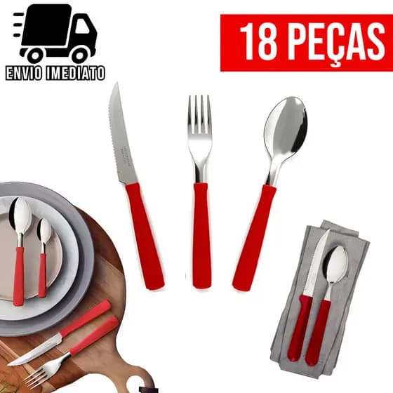 Jogo de Talheres Vermelho 18 Peças Cozinha Aço Inox 6 Garfos 6 Facas 6 Colheres Conjunto de Talheres