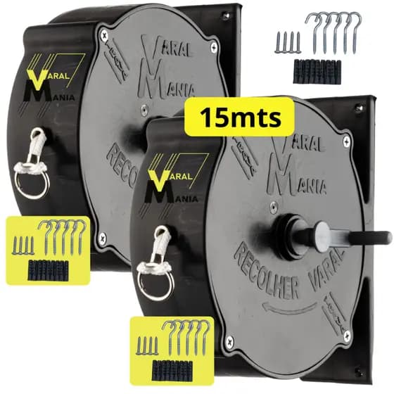Kit 2 Varais Recolhíveis Parede 15m Preto Resistente + 2 Kit Completo Instalar