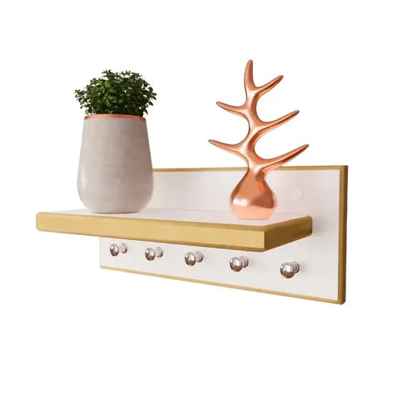 Porta Chave com Prateleira Branco em MDF Ganchos Prata