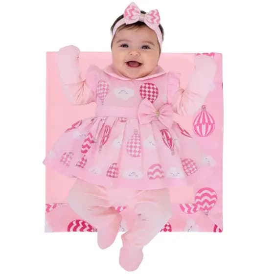 Saída Maternidade Para Menina Balão Rosa 05 Peças 100% Algodão
