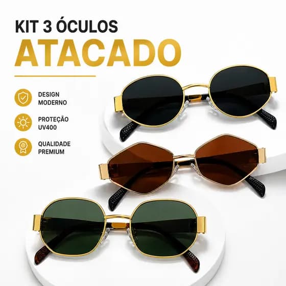 Kit 3 Óculos de Sol Unissex Metal Dourado Estilo Moderno
