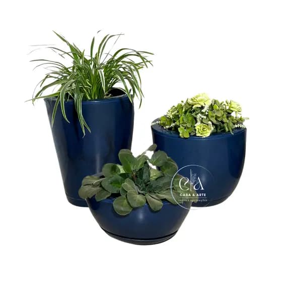 Kit 3 Vasos Decorativos Para Plantas Polietileno Liso Polido Bojo Bacia Redondo Coluna Marmorizada