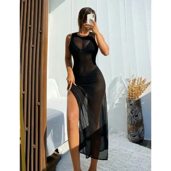 Saída De Praia Vestido Longo Regata Em Tule (Estilo Gringa)