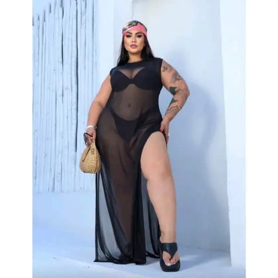 Saída De Praia Vestido Longo Regata Plus Size Em Tule (Estilo Gringa)