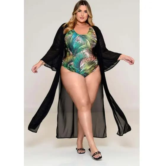 Saída de Praia Plus Size Kimono Longo com Manga | Tamanho Único Plus
