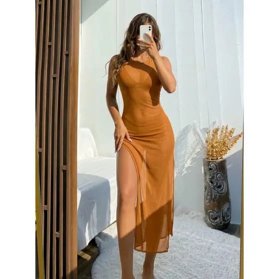 Saída De Praia Vestido Longo Regata Em Tule Estilo Gringa Caramelo Leve Moderno E Estiloso