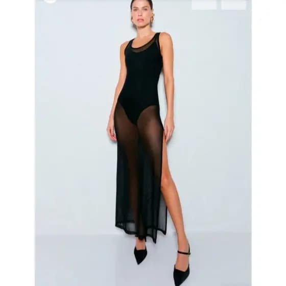 Saida de praia Vestido Longo Em tule Regata Elegante Liso