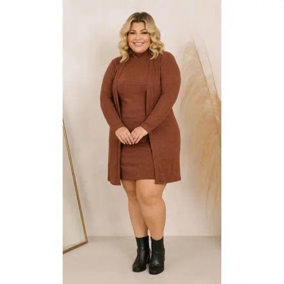 Conjunto Vestido Regata + Cardigan Lanzinha Plus Size Tecido Leve Confortável e Versátil para Todas as Estações