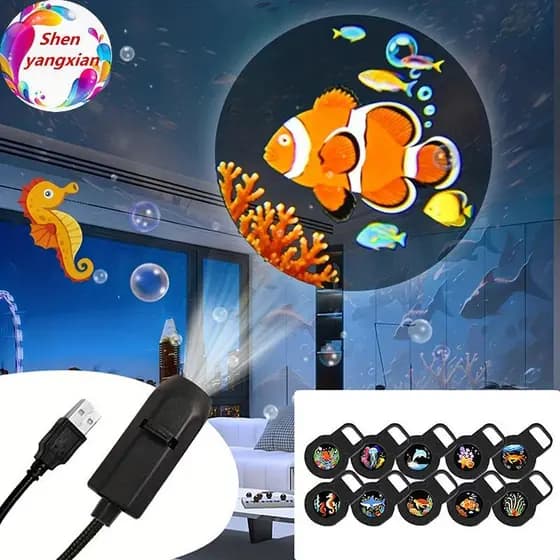 shenyangxian LED Oceano Vida Projetor Luz Alimentado Por USB 16 Cores Criativo Sala Noite Lâmpada Para Casa Decoração Do