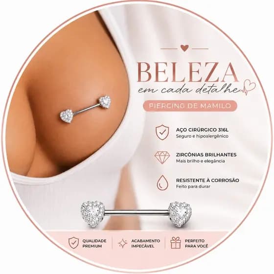 Kit 2 Piercing Mamilo Modelos Coração Nas Pontas Mary Cravejado com Zircônia cristal CORAÇÂO Mary