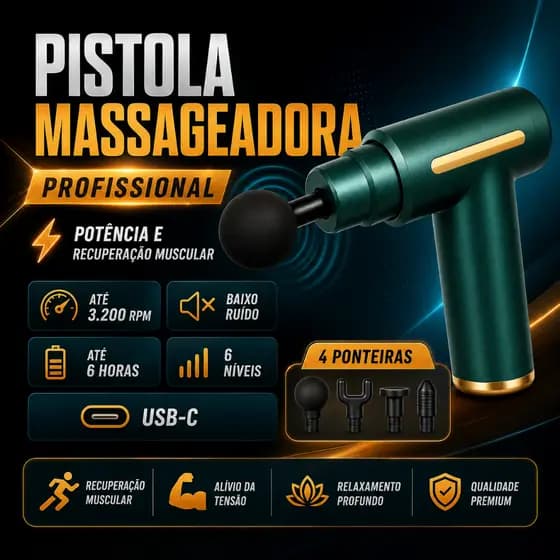 Pistola Massageadora Profissional Elétrica 6 Níveis USB-C 4 Ponteiras Relaxamento Muscular