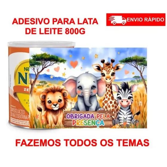 Adesivo para Lata de Leite 800g Personalizado SAFARI Rótulo para Lembrancinha | Não Acompanha Lata