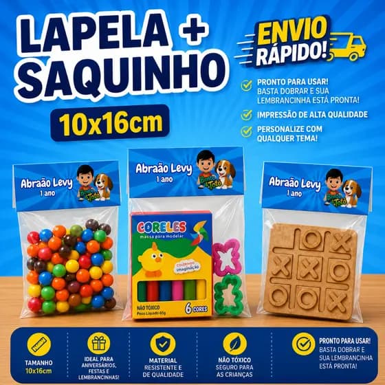 Kit Saquinho + Lapela Personalizada para Lembrancinhas de Festa | Tema à Escolha