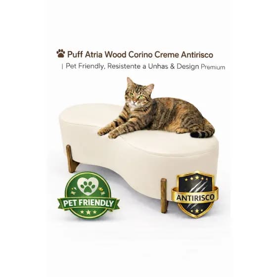 🐾 Puff Atria Wood 1,10m Corino Creme Antirrisco | Pet Friendly, Design Orgânico & Conforto Premium