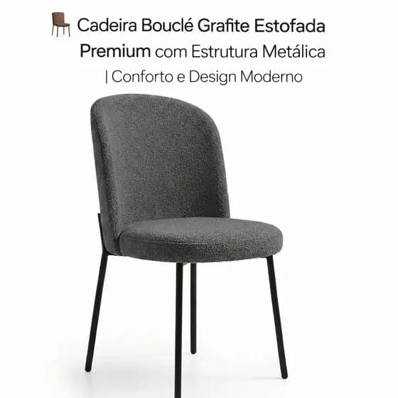 🪑 Cadeira Bouclé Grafite Estofada Premium com Estrutura Metálica | Conforto e Design Moderno