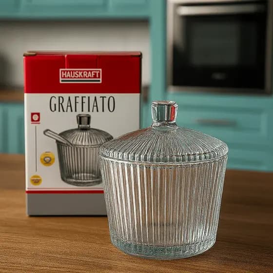 Açucareiro com Colher Graffiato em Vidro 8x9cm 200ml - Hauskraft