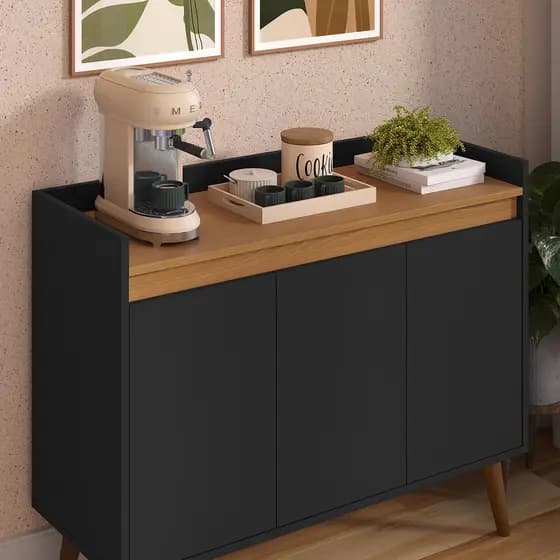Aparador Armario Buffet Pés Palito Victória 3 Portas Preto/Freijó - Comprar Móveis em Casa