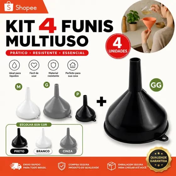 Kit 4 Funil de Plástico (P,M,G e GG) Escolha sua Cor Cozinha, Oficina, Bares e Mais!