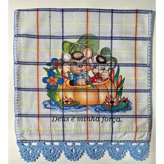Pano de Prato Mesa Cozinha 100% Algodão com Barrado em Crochê 45cm x 75cm Xadrez com Estampa