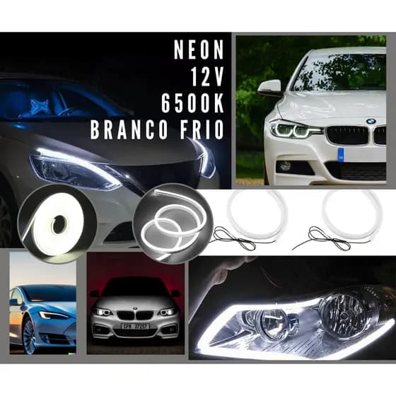 Par Fita Barra Led Drl Neon 12v Flexível Para Farol 70cm Branco Frio