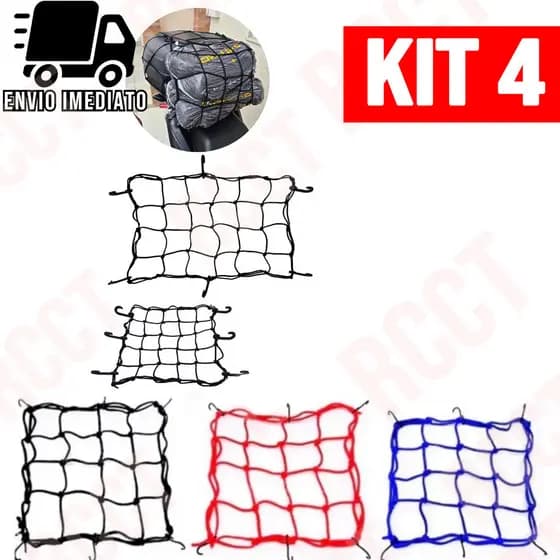 Kit 4 Rede Aranha Elástica 30x30 para Bagageiro Moto Carro Bicicleta com 6 Ganchos Reforçados