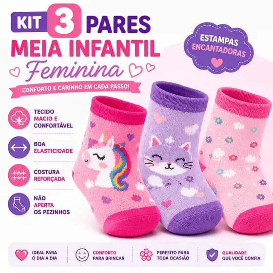 Meia Infantil Feminina Kit 3 Pares Algodão Confortável Estampas Sortidas