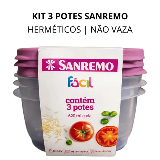 Kit 3 Potes Herméticos Sanremo Original | BPA Free | Não Vaza | Freezer e Microondas