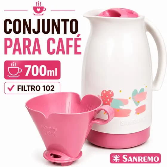 Conjunto Para Café Garrafa Térmica 700ml Com Suporte Filtro 102 Sanremo Cheiro de Café Fresquinho