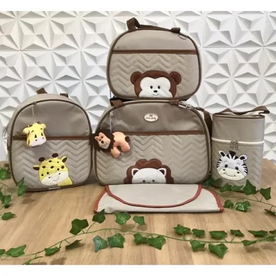 Kit Bolsa Maternidade Safari 5 Peças: Praticidade e Estilo! Inclui Bolsa Grande, Bolsa Média