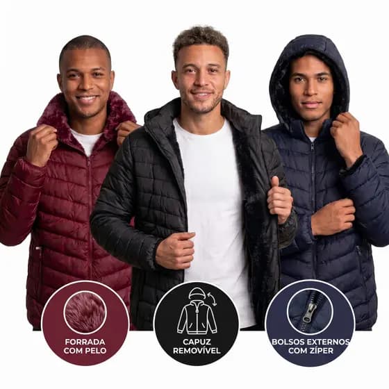 Jaqueta Masculina Bobojaco Inverno Puffer Forrada Interna Peluciada Capuz Removível Corta vento Proteção Frio Intenso