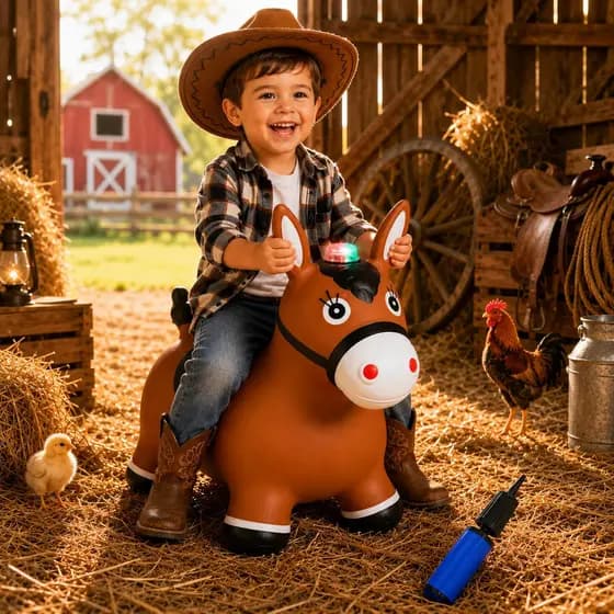 Cavalinho Inflável Upa Upa Brinquedo Infantil Cavalo Marrom Borracha Luz Som Burrinho Musical Até 30kg Com Bomba Manual